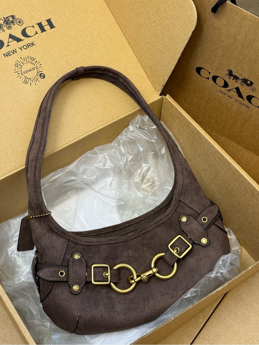 Coach Brown Suede Shoulder Clutch with Gold Hardware